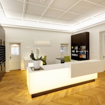 Der beleuchtete Empfangstresen und die Wandschränke sind eine Maßanfertigung. Für bequemes und ergonomisches Arbeiten wurden die Arbeitsstühle AC4 von Vitra gewählt. Der beleuchtete Empfangstresen und die Wandschränke sind eine Maßanfertigung. Für bequemes und ergonomisches Arbeiten wurden die Arbeitsstühle AC4 von Vitra gewählt.